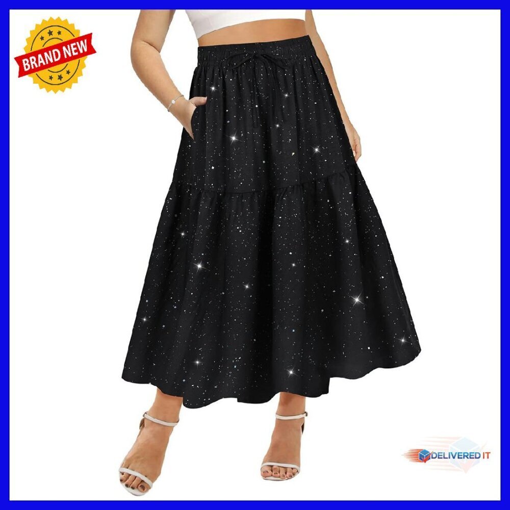 Plus Size Maxi Skirt Elastic Waist Pockets A-Line Tiered Boho Long
